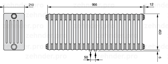Схема (чертеж) Радиатор Zehnder Charleston 6045/21 №5410 Белый глянцевый RAL 9016